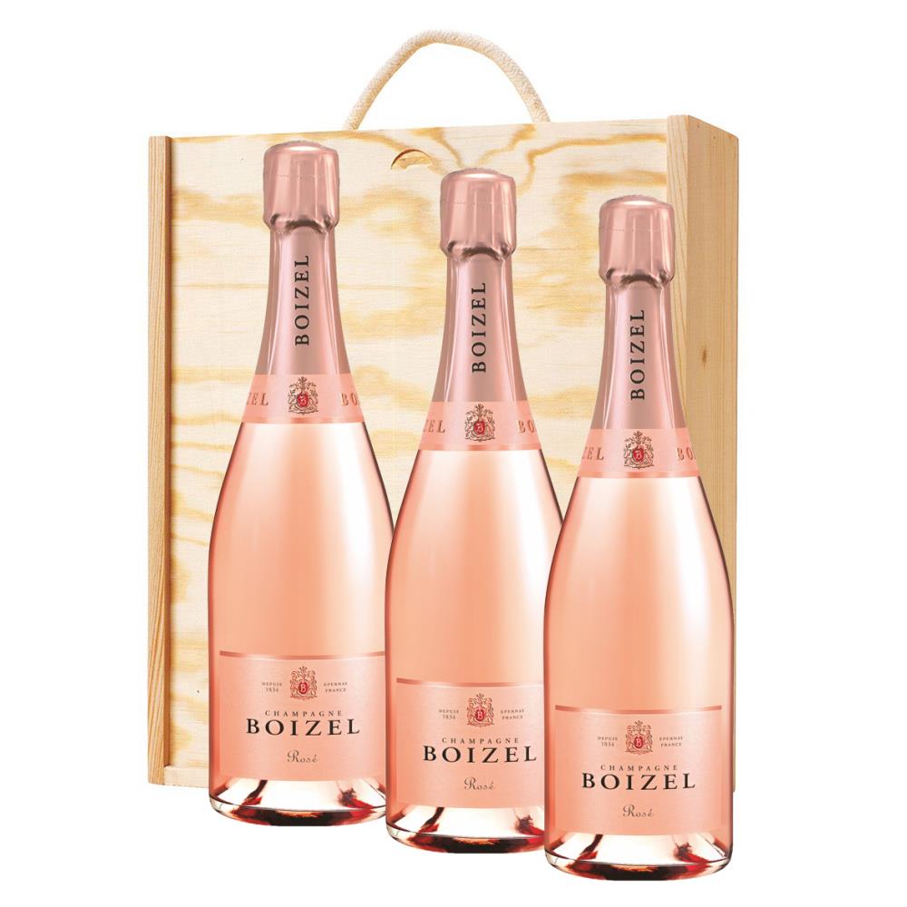 3 x Boizel Rose  NV Champagne 75cl In A Pine Wooden Gift Box